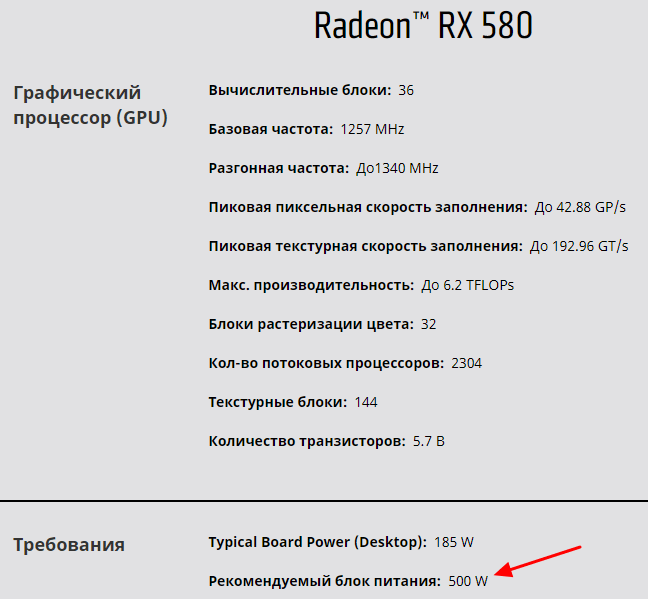 Блок питания для AMD Radeon RX 580