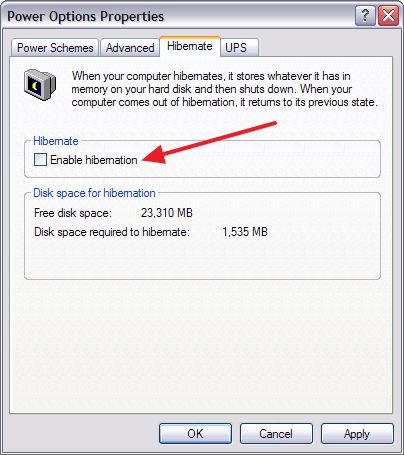 удаление файла hiberfil.sys в Windows XP