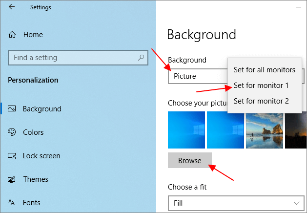 установить картинку на 1 или 2 монитор в Windows 10