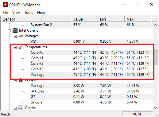 температура процессора в программе Hwmonitor