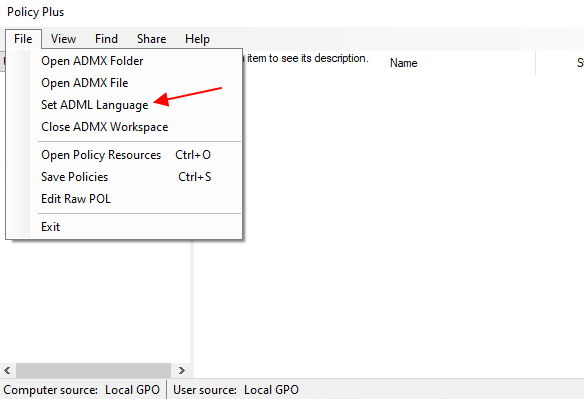 меню File - Set ADMX Language